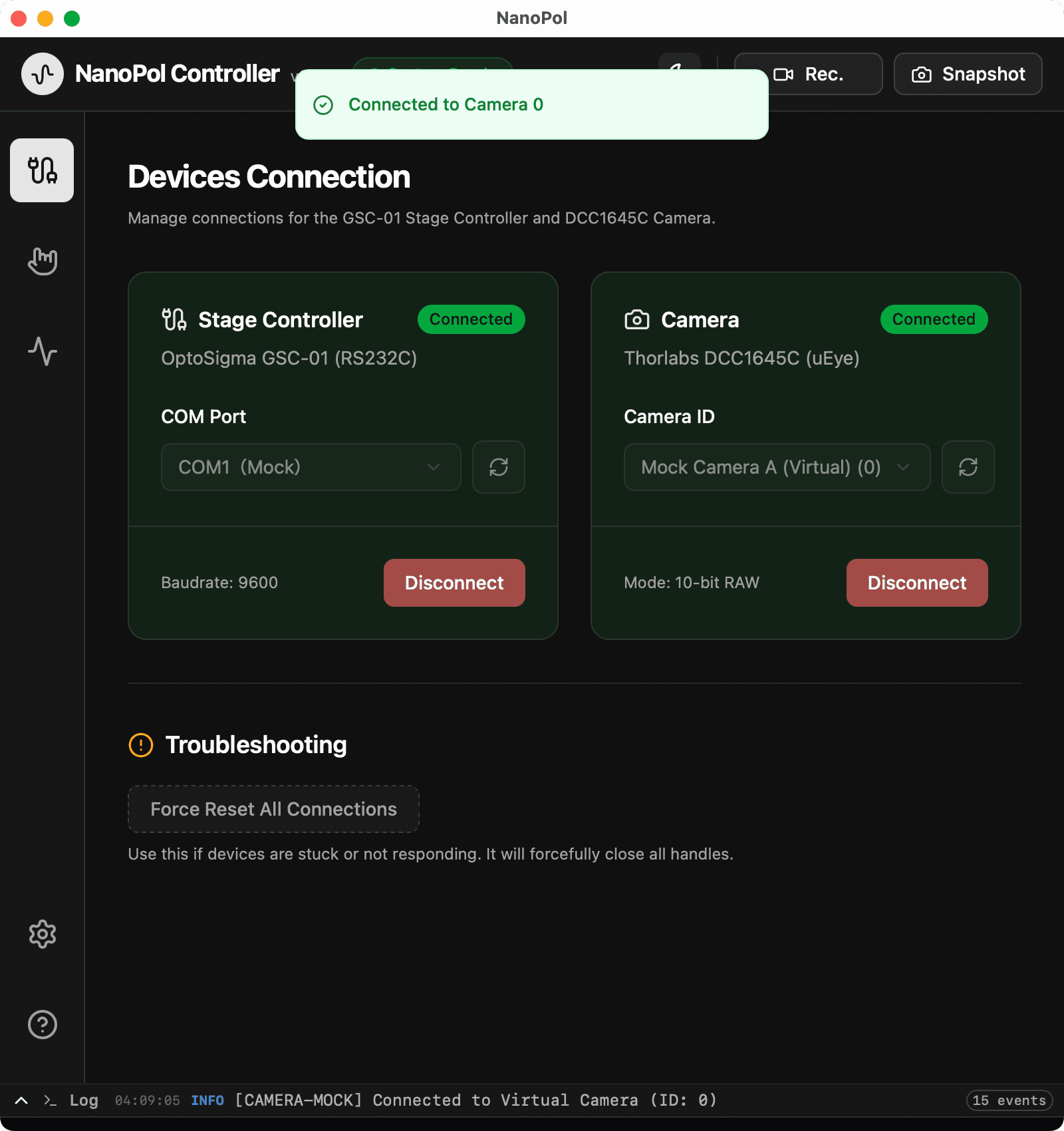 カメラやステッピングモーターで駆動するステージが接続されている画面のモックです。