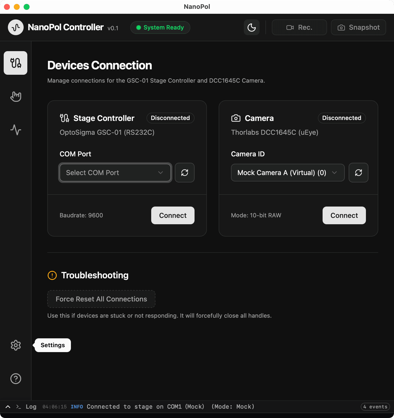 アプリケーションを起動して最初に表示される画面のモックです。カメラやステッピングモーターで駆動するステージを接続するための画面です。Tooltipでアイコンの説明が表示されています。