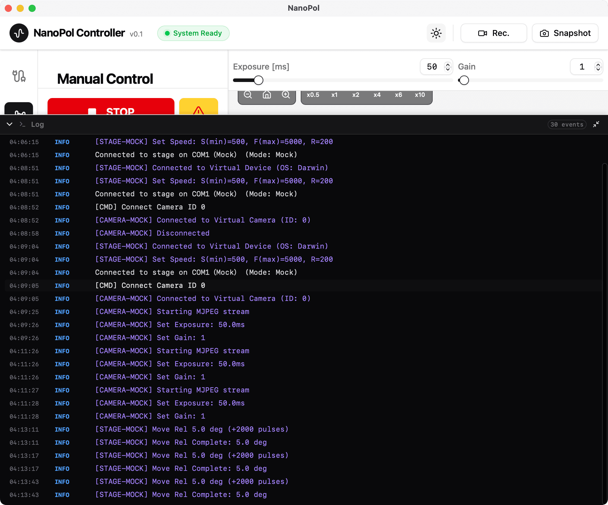 手動で測定装置を操作する画面のモックです。最大化されたログが表示されています。ログは、内容によって色分けされています。