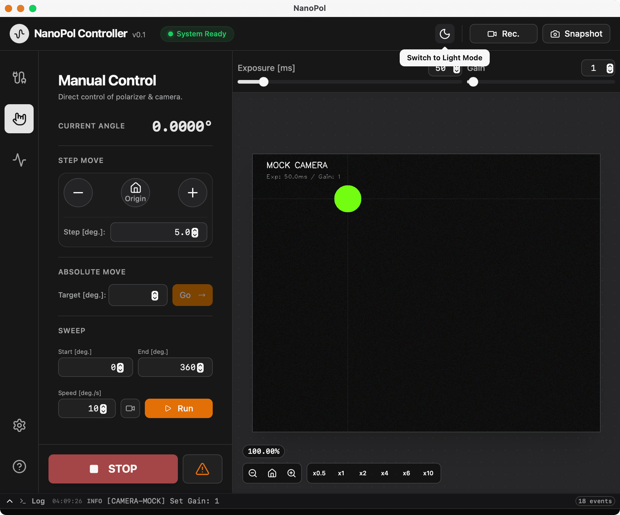 手動で測定装置を操作する画面のモックです。左側で装置を操作し、右側にカメラの画像が映し出される予定です。
